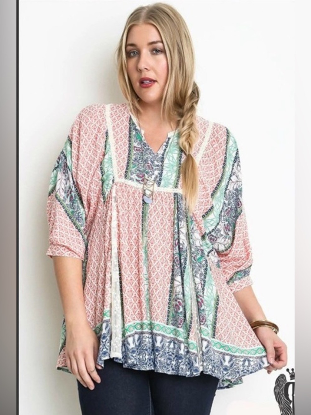Umgee Red, Blue & Green Patchwork Boho Tunic with Lace Panels